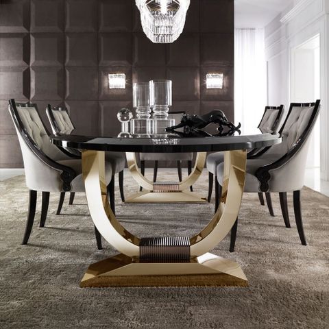 Italian Black Lacquered Gold Oval Dining Set - Juliettes Interiors ... throughout Material Matters: Choosing the Right Finishes for Contemporary Luxury Dining Tables